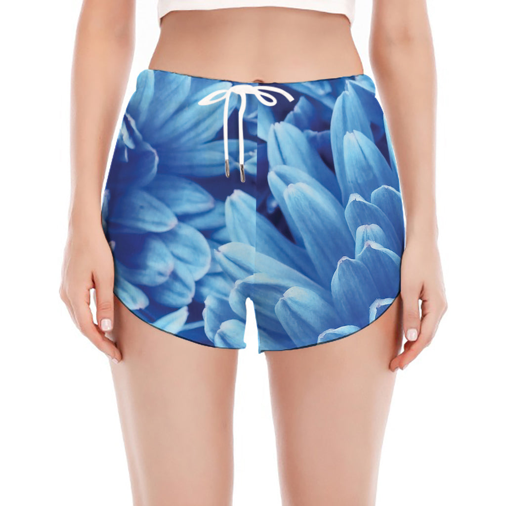 Blue Chrysanthemum Flower Print Women's Split Running Shorts