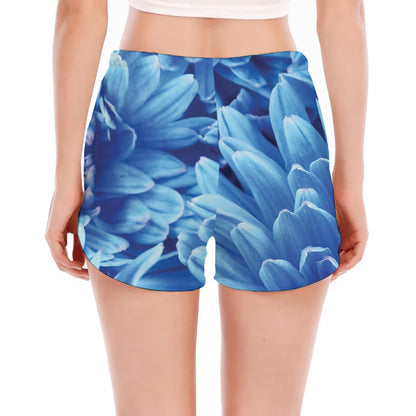 Blue Chrysanthemum Flower Print Women's Split Running Shorts