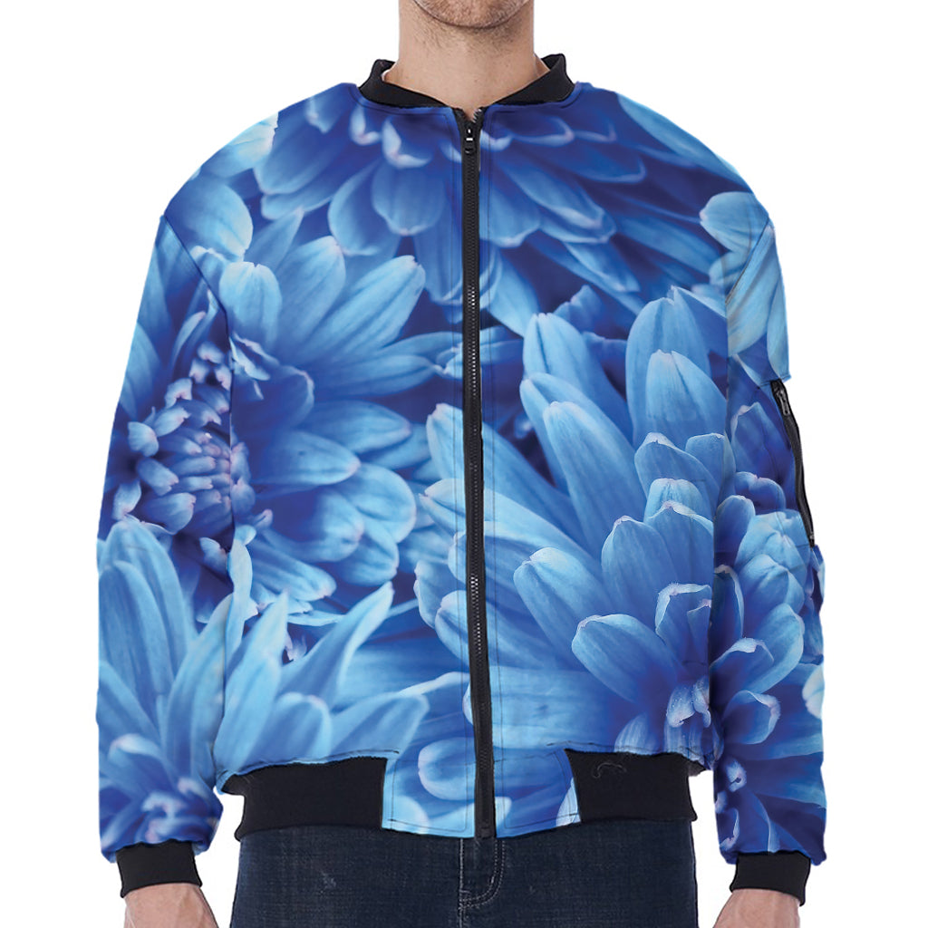 Blue Chrysanthemum Flower Print Zip Sleeve Bomber Jacket