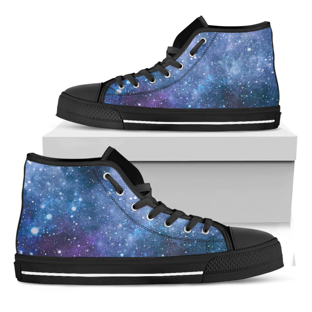 Blue Cloud Starfield Galaxy Space Print Black High Top Sneakers