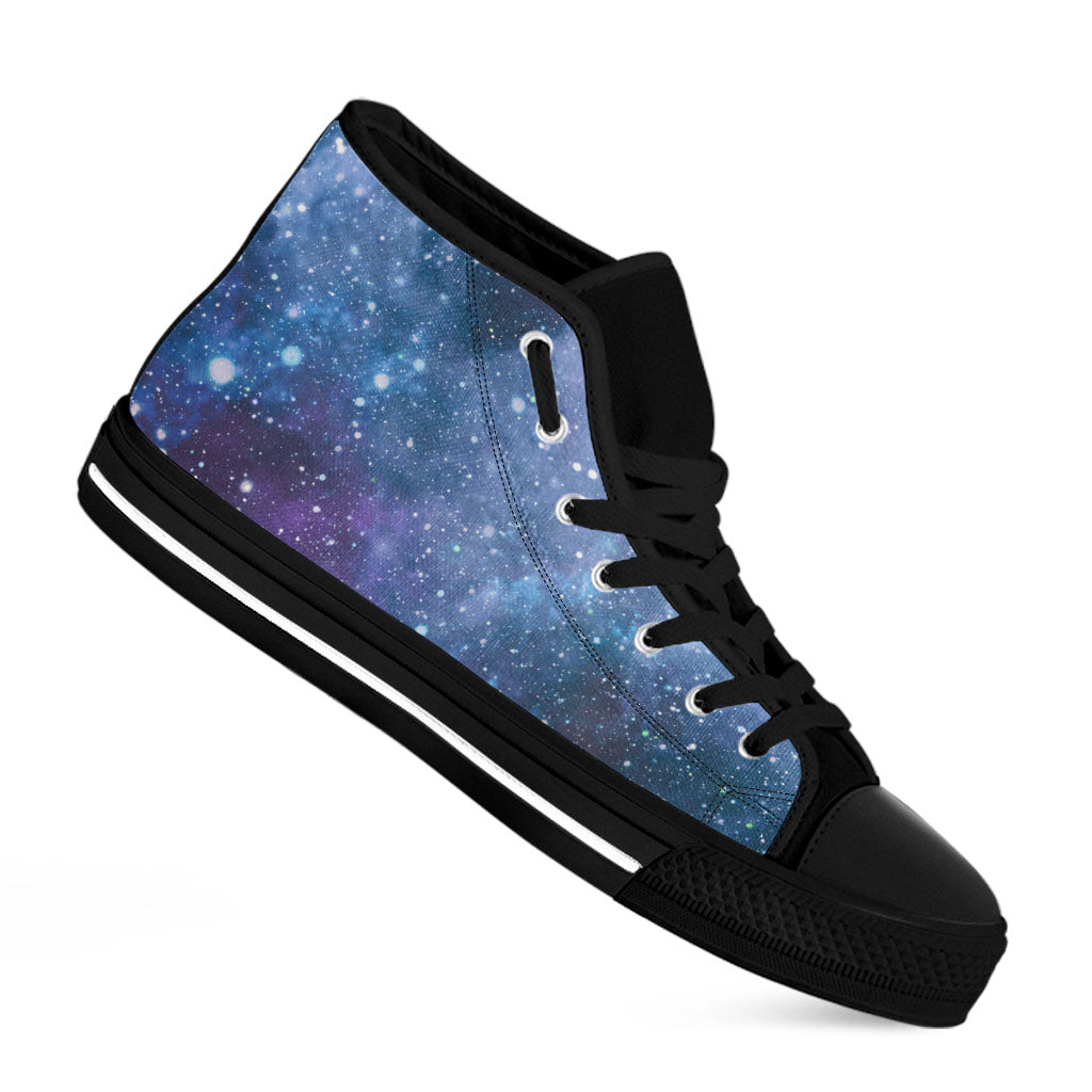 Blue Cloud Starfield Galaxy Space Print Black High Top Sneakers