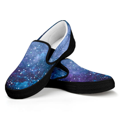 Blue Cloud Starfield Galaxy Space Print Black Slip On Sneakers