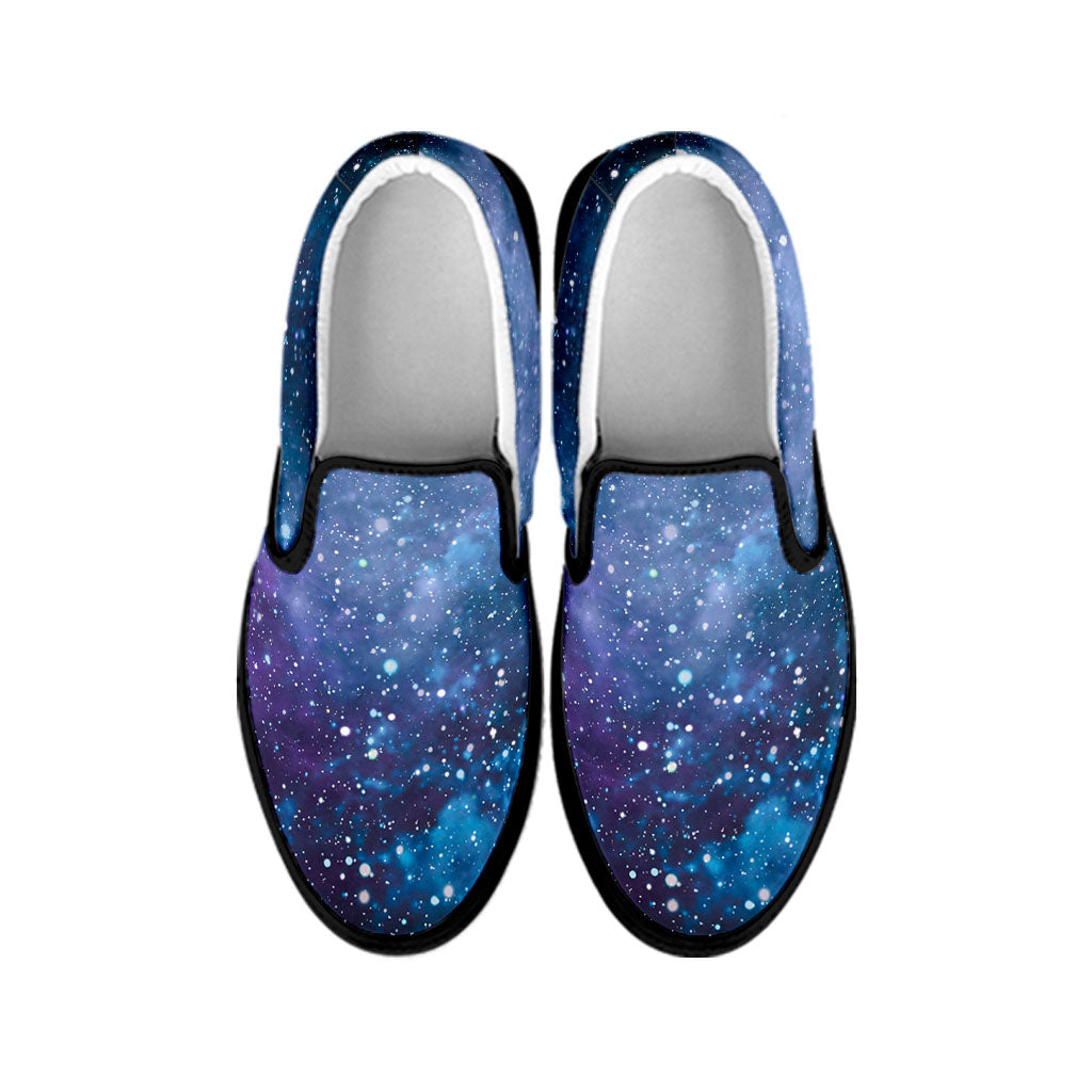 Blue Cloud Starfield Galaxy Space Print Black Slip On Sneakers