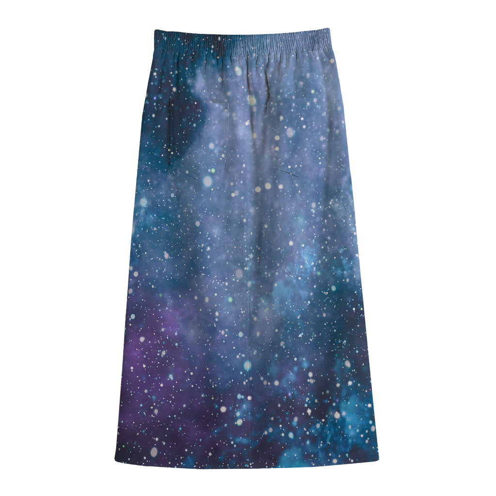 Blue Cloud Starfield Galaxy Space Print Cotton Front Slit Maxi Skirt