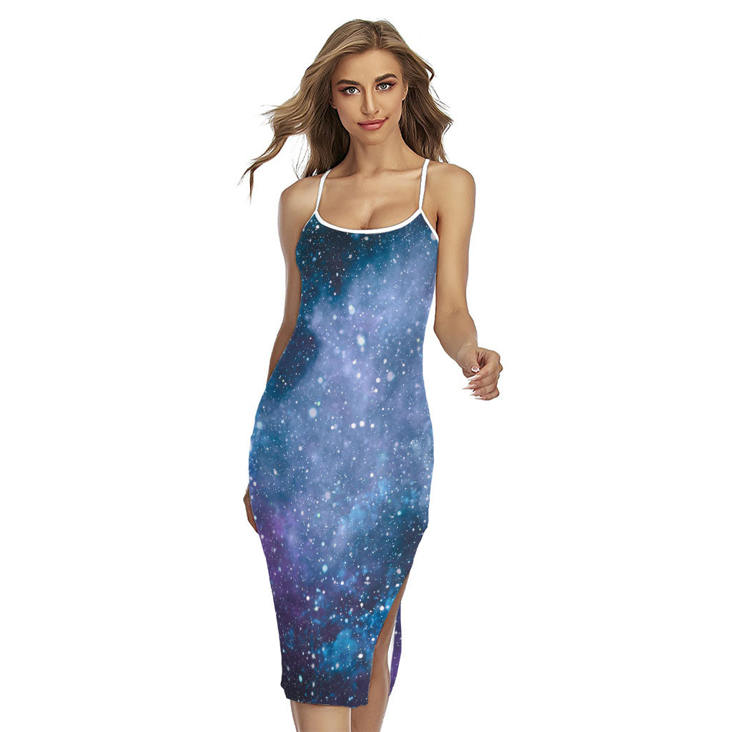 Blue Cloud Starfield Galaxy Space Print Cross Back Cami Dress