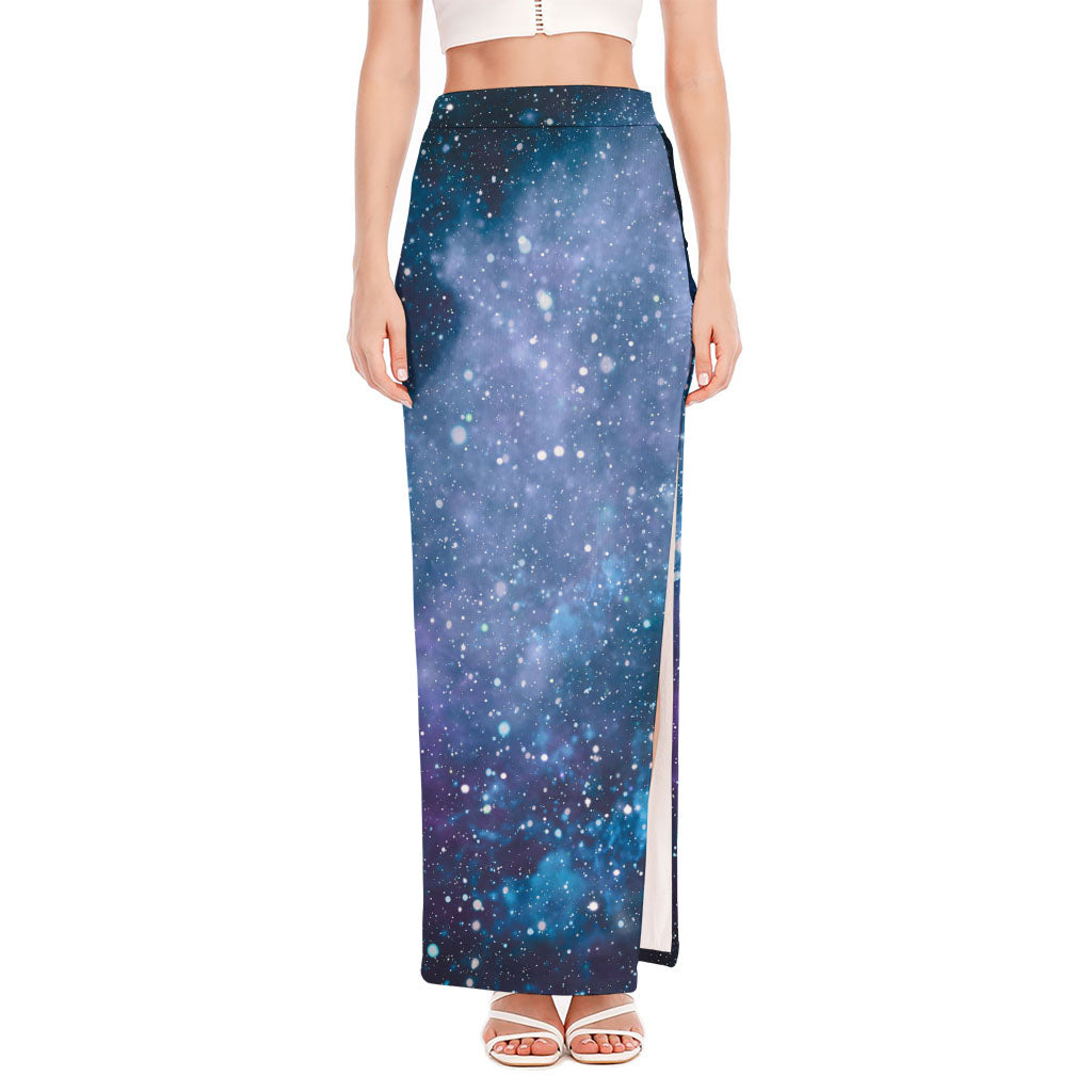 Blue Cloud Starfield Galaxy Space Print High Slit Maxi Skirt