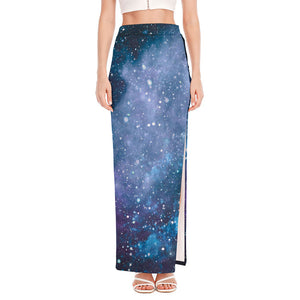 Blue Cloud Starfield Galaxy Space Print High Slit Maxi Skirt