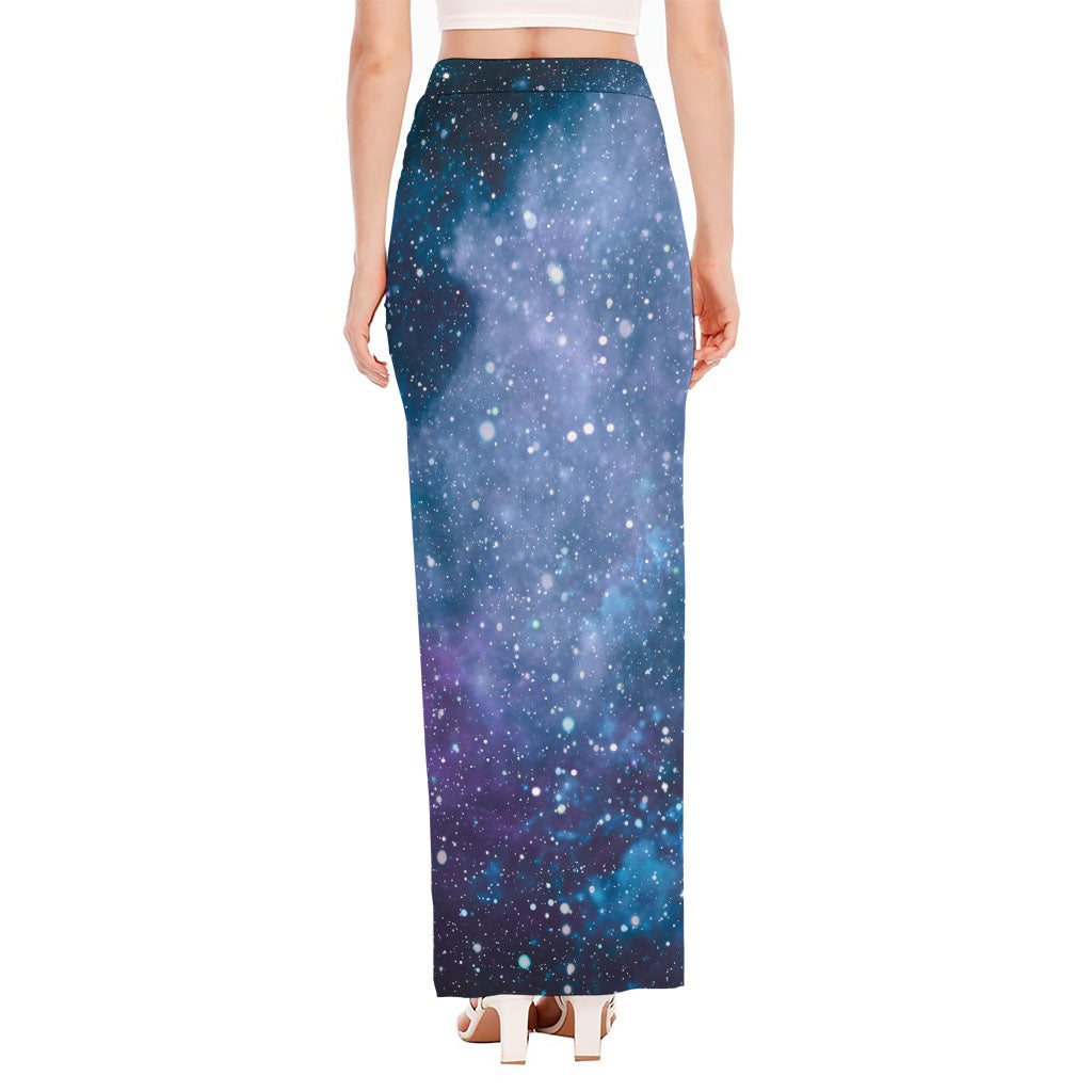 Blue Cloud Starfield Galaxy Space Print High Slit Maxi Skirt