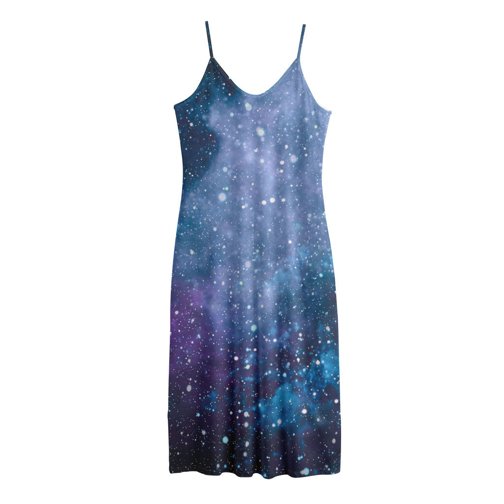 Blue Cloud Starfield Galaxy Space Print Jersey Midi Cami Dress