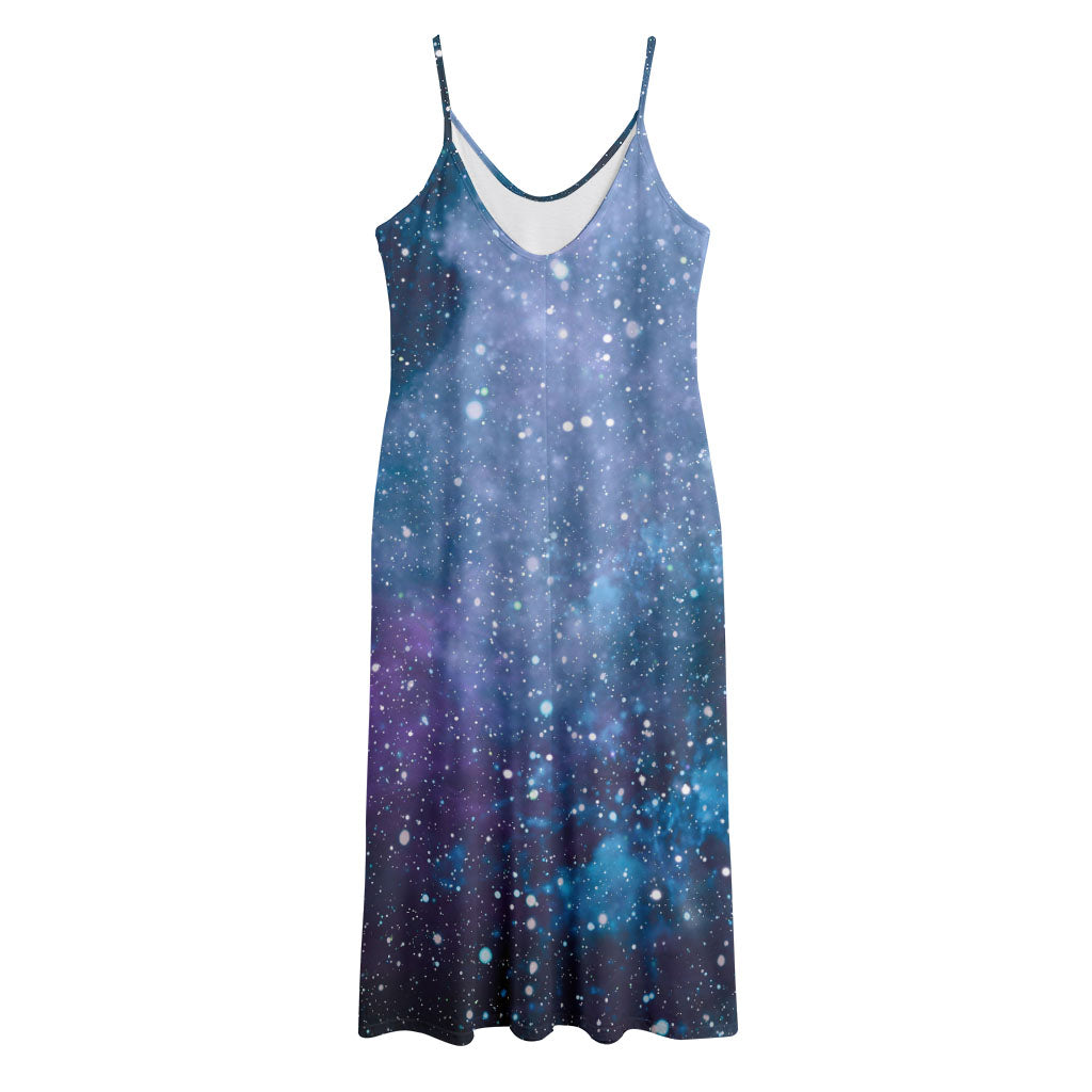 Blue Cloud Starfield Galaxy Space Print Jersey Midi Cami Dress