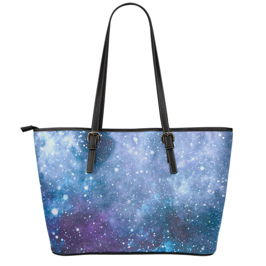Blue Cloud Starfield Galaxy Space Print Leather Tote Bag
