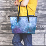 Blue Cloud Starfield Galaxy Space Print Leather Tote Bag