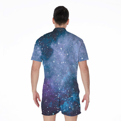 Blue Cloud Starfield Galaxy Space Print Men's Rompers