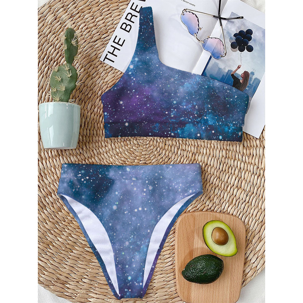 Blue Cloud Starfield Galaxy Space Print One Shoulder Bikini Top