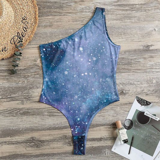 Blue Cloud Starfield Galaxy Space Print One Shoulder Bodysuit