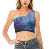 Blue Cloud Starfield Galaxy Space Print One Shoulder Crop Top