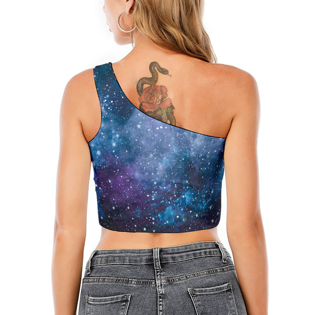 Blue Cloud Starfield Galaxy Space Print One Shoulder Crop Top