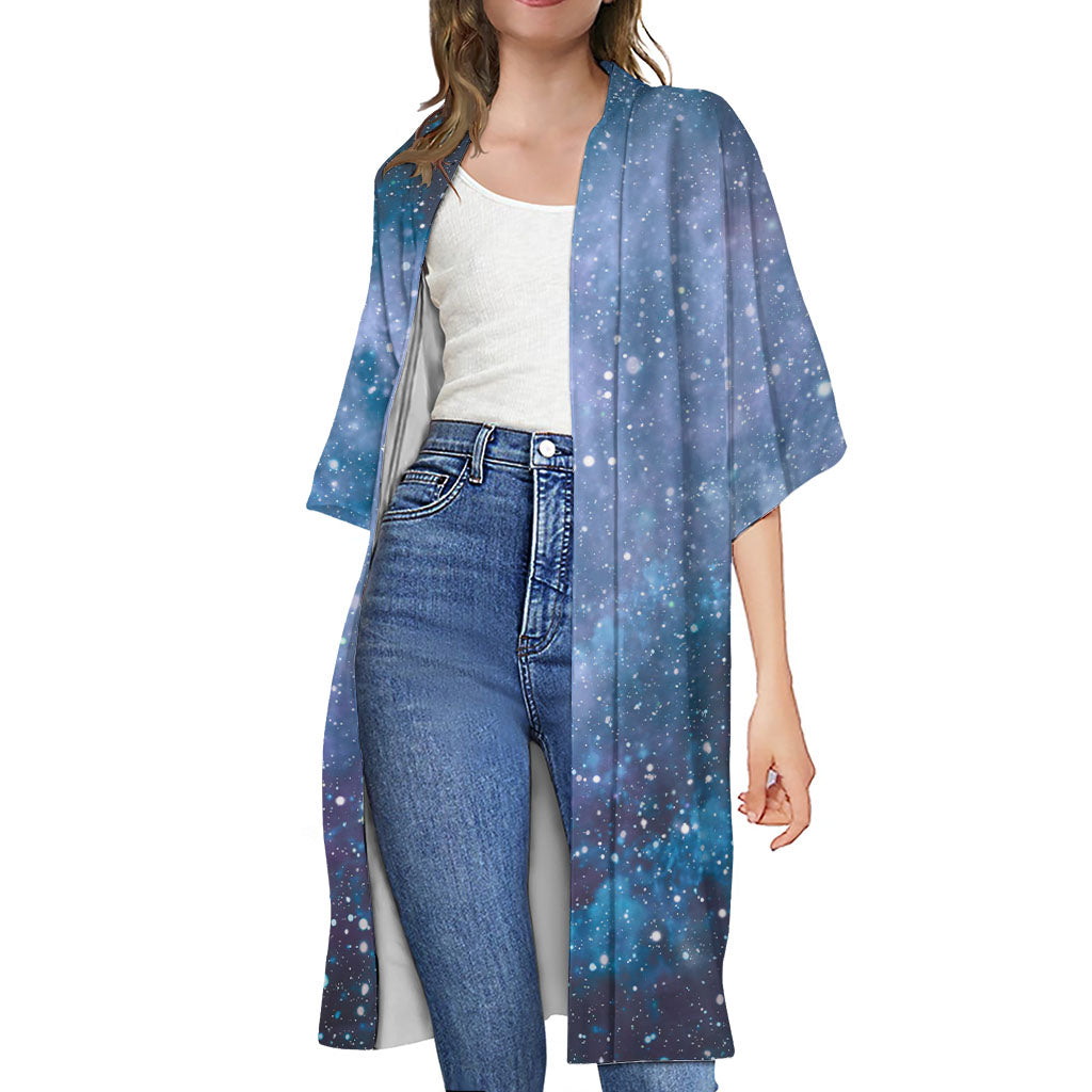 Blue Cloud Starfield Galaxy Space Print Open Front Beach Cover Up