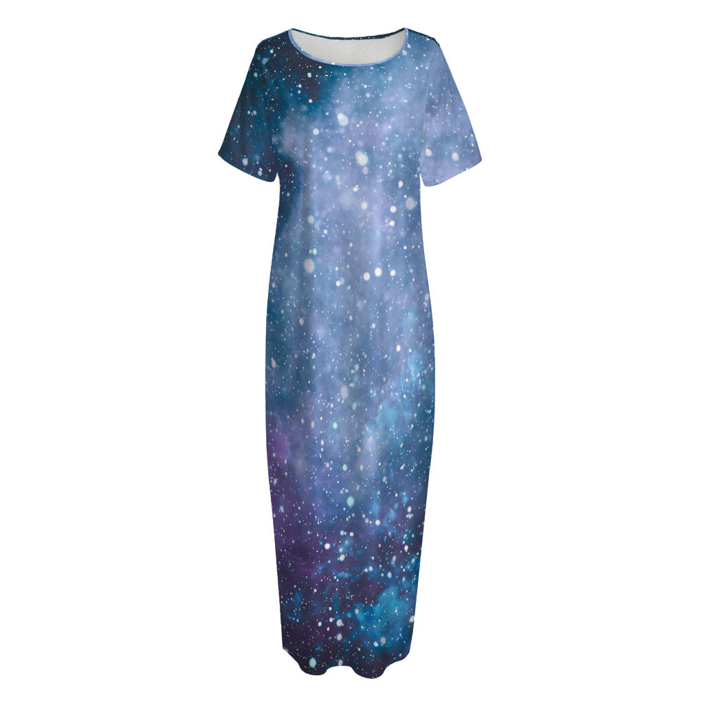 Blue Cloud Starfield Galaxy Space Print Short Sleeve Long Nightdress