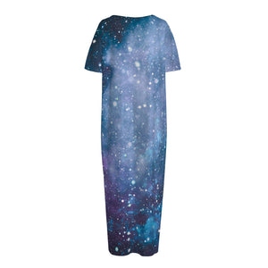 Blue Cloud Starfield Galaxy Space Print Short Sleeve Long Nightdress