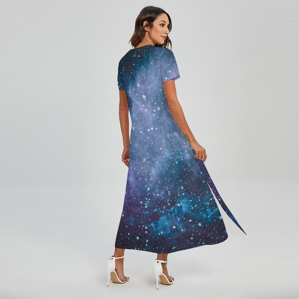 Blue Cloud Starfield Galaxy Space Print Short Sleeve Maxi Dress