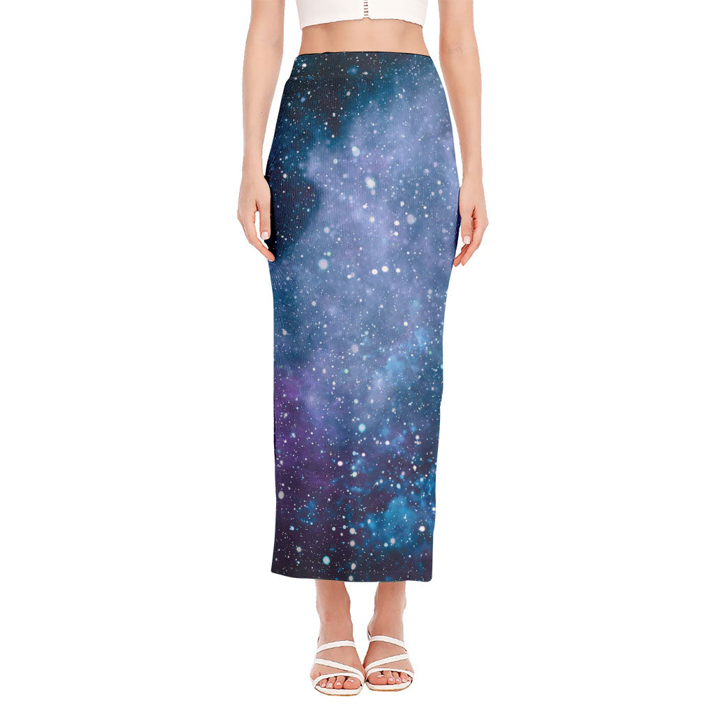 Blue Cloud Starfield Galaxy Space Print Side Slit Maxi Skirt