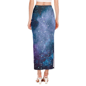 Blue Cloud Starfield Galaxy Space Print Side Slit Maxi Skirt