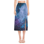 Blue Cloud Starfield Galaxy Space Print Side Slit Midi Skirt