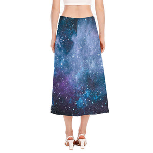 Blue Cloud Starfield Galaxy Space Print Side Slit Midi Skirt