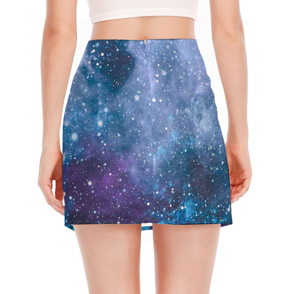 Blue Cloud Starfield Galaxy Space Print Side Slit Mini Skirt