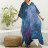 Blue Cloud Starfield Galaxy Space Print Silk V-Neck Kaftan Dress