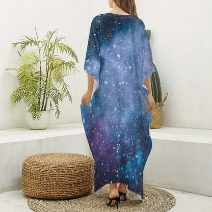 Blue Cloud Starfield Galaxy Space Print Silk V-Neck Kaftan Dress