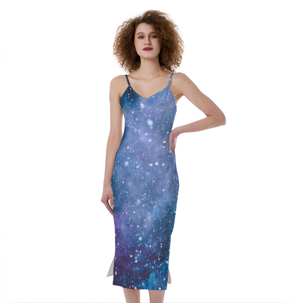 Blue Cloud Starfield Galaxy Space Print Slim Fit Midi Cami Dress