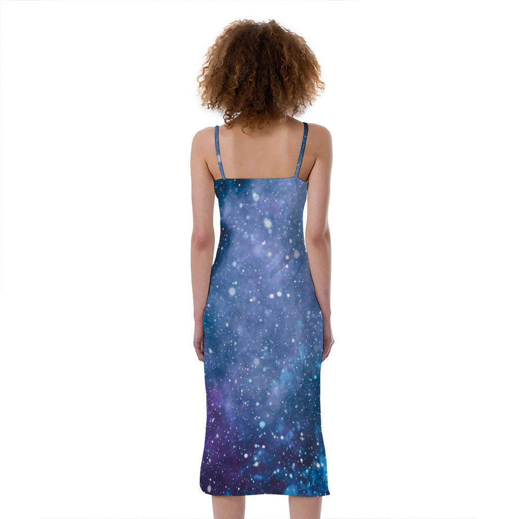 Blue Cloud Starfield Galaxy Space Print Slim Fit Midi Cami Dress