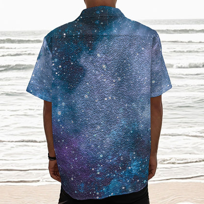 Blue Cloud Starfield Galaxy Space Print Textured Short Sleeve Shirt