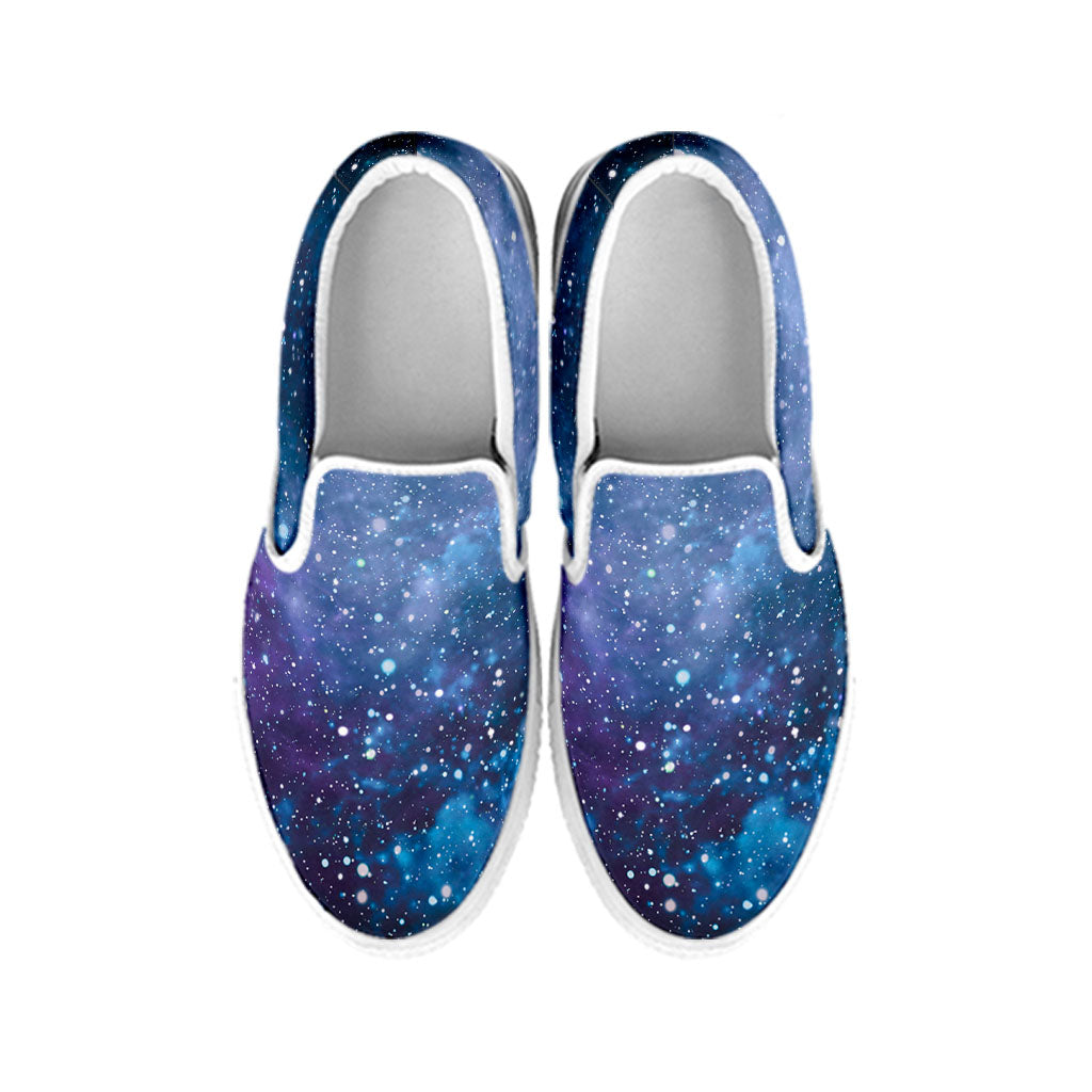 Blue Cloud Starfield Galaxy Space Print White Slip On Sneakers