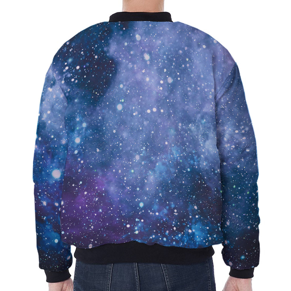 Blue Cloud Starfield Galaxy Space Print Zip Sleeve Bomber Jacket