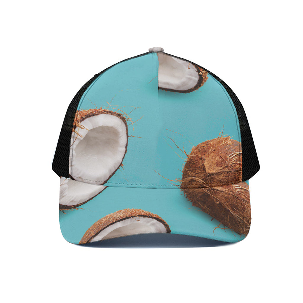 Blue Coconut Pattern Print Black Mesh Trucker Cap