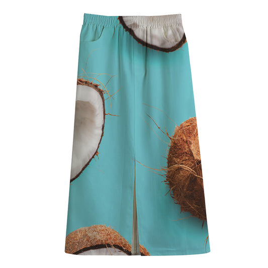 Blue Coconut Pattern Print Cotton Front Slit Maxi Skirt