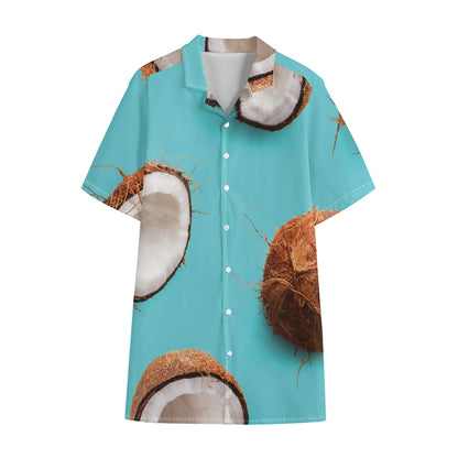 Blue Coconut Pattern Print Cotton Hawaiian Shirt