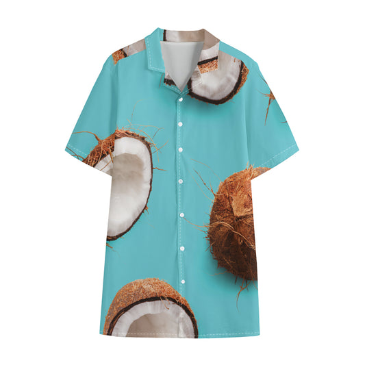 Blue Coconut Pattern Print Cotton Hawaiian Shirt