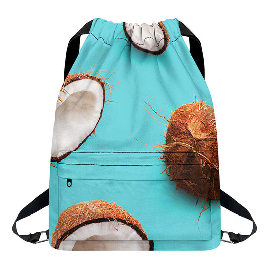 Blue Coconut Pattern Print Drawstring Backpack