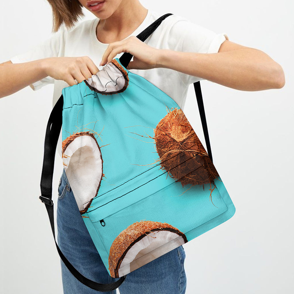 Blue Coconut Pattern Print Drawstring Backpack