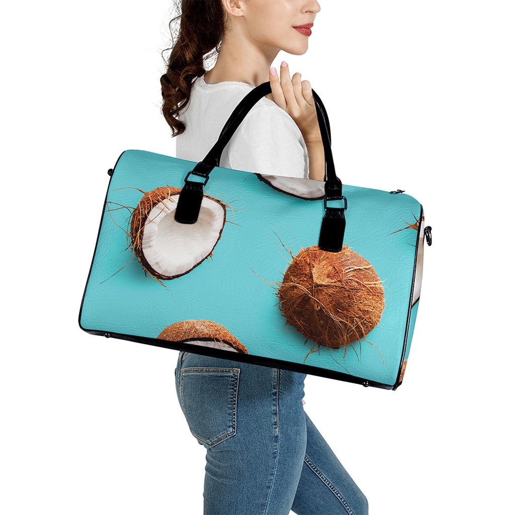 Blue Coconut Pattern Print Leather Duffle Bag