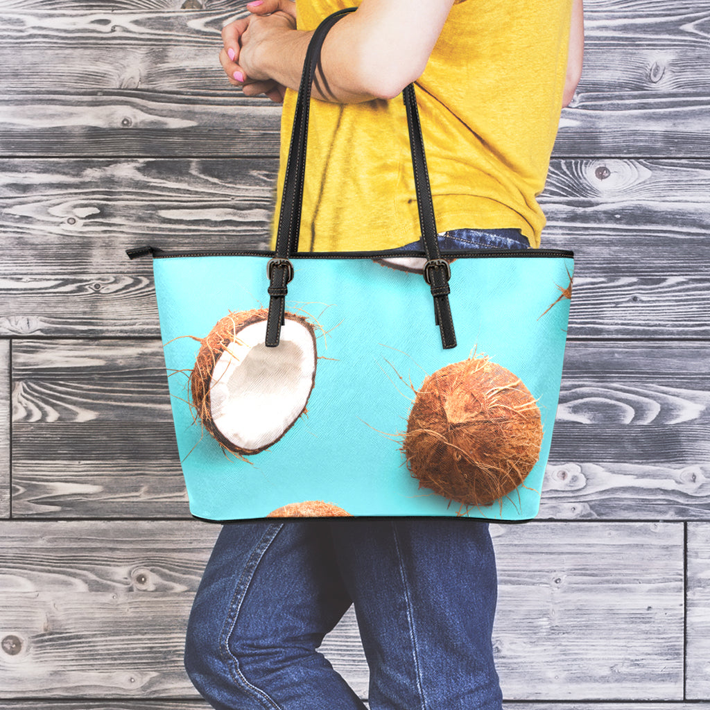 Blue Coconut Pattern Print Leather Tote Bag