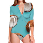 Blue Coconut Pattern Print Long Sleeve Swimsuit