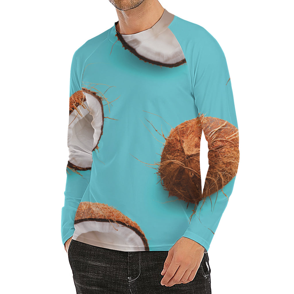 Blue Coconut Pattern Print Men's Long Sleeve Rash Guard