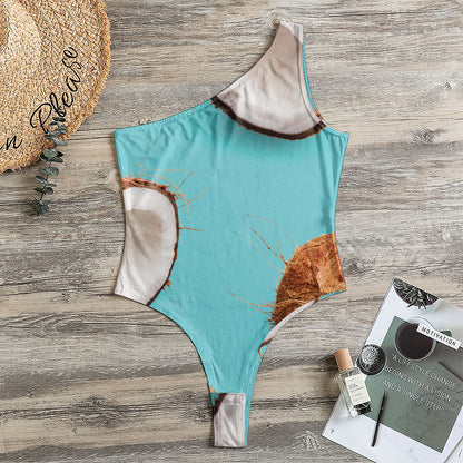 Blue Coconut Pattern Print One Shoulder Bodysuit