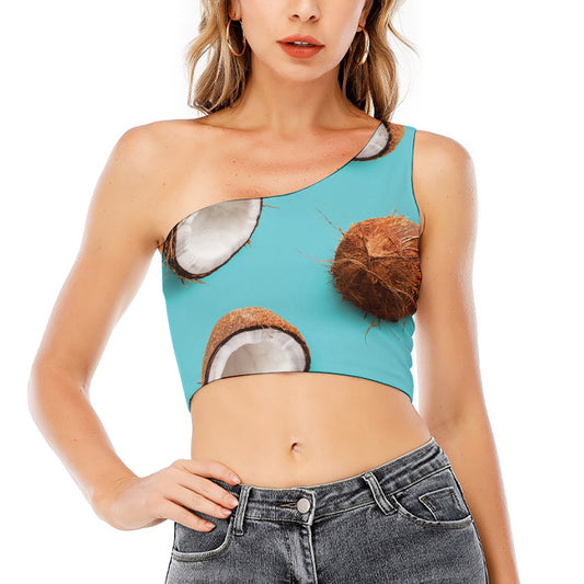 Blue Coconut Pattern Print One Shoulder Crop Top