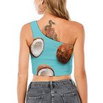 Blue Coconut Pattern Print One Shoulder Crop Top